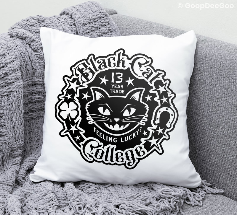 Black Cat College school logo downloadable SVG and printable art for t-shirts, mugs, tote bags, pillows, and more.