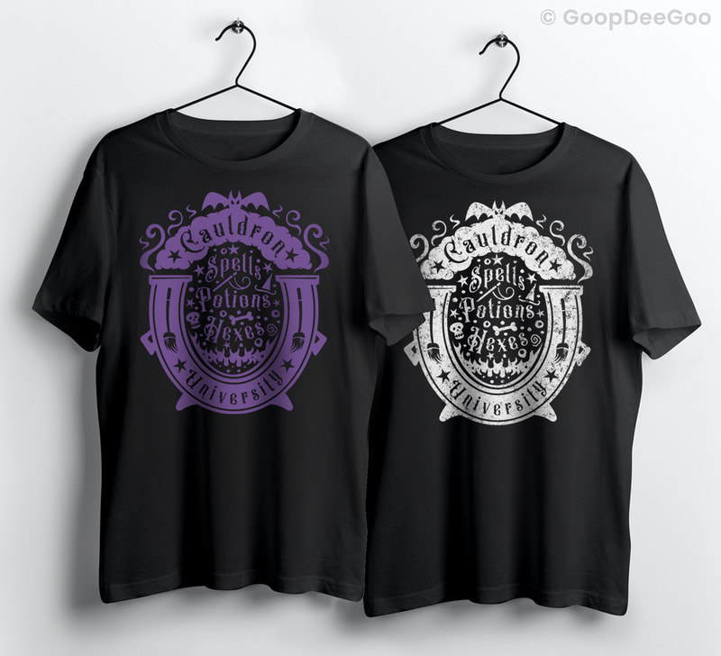 Cauldron University school logo for witches with "Spells, Potions Hexes!" downloadable SVG and printable art for t-shirts, mugs, tote bags, pillows, and more.