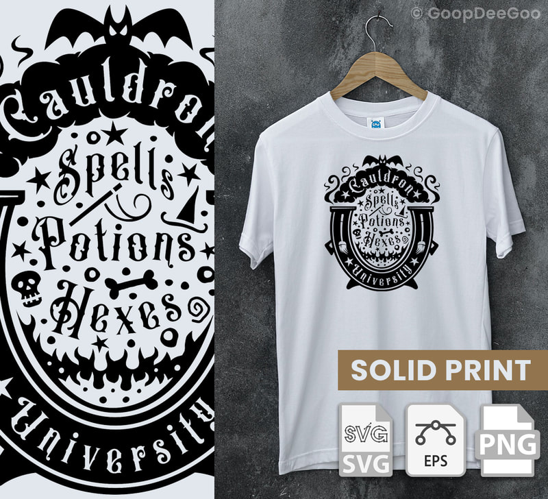 Cauldron University school logo for witches with "Spells, Potions Hexes!" downloadable SVG and printable art for t-shirts, mugs, tote bags, pillows, and more.