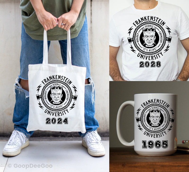 Frankenstein University school logo downloadable SVG and printable art for t-shirts, mugs, tote bags, pillows, and more.