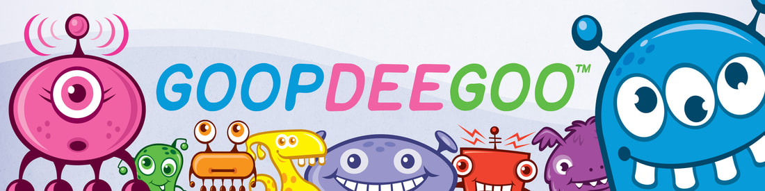 Goopdeegoo shop logo with cute colorful monster characters.